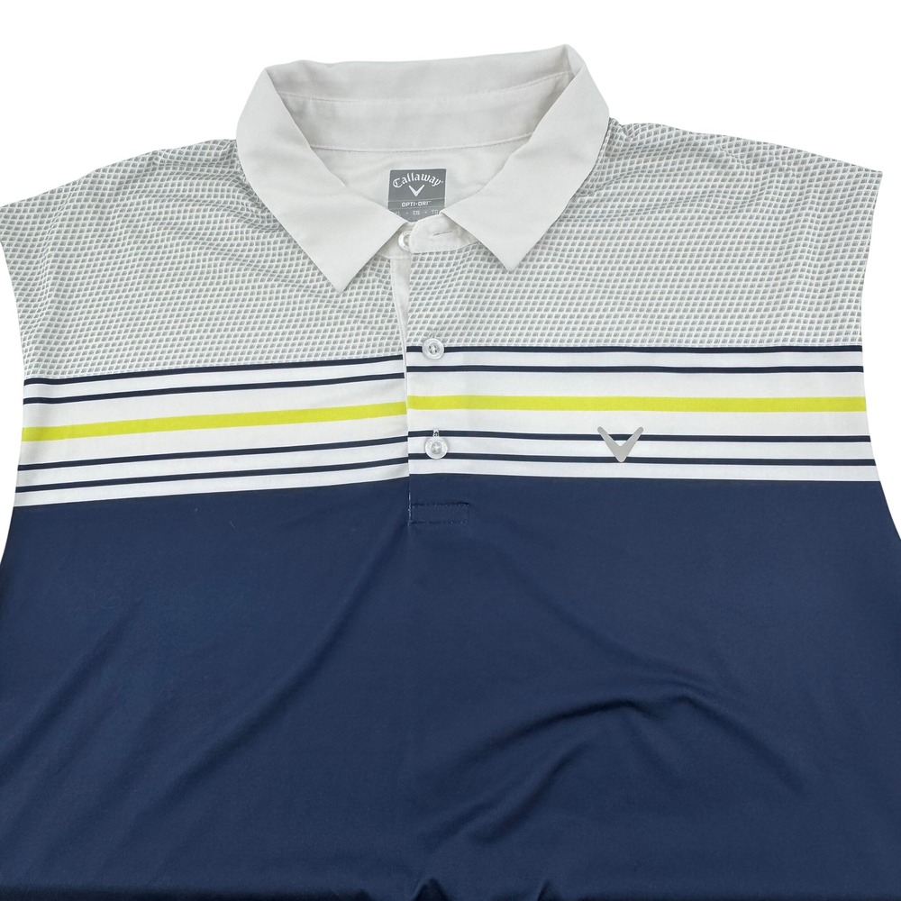Callaway Golf Polo Mens XL Navy Blue White Striped Opti-Dri Short Sleeve Shirt